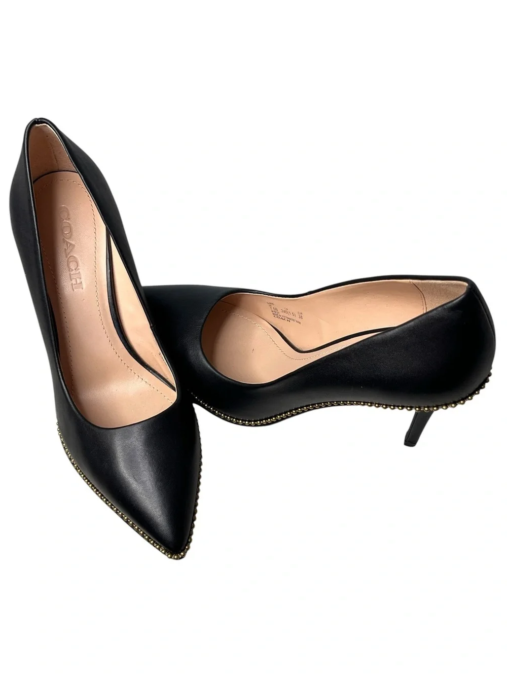 Coach Waverly Black Leather Gold-Tone Studded Stiletto Pumps Sz 7.5